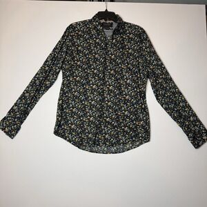 Denim and Flower Men's Fitted Button Up Floral Print Black Large Long Sleeve